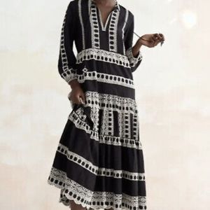 Zara Embroidered Black and White Midi Dress